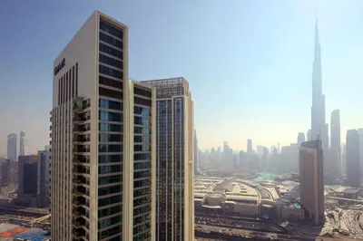 a view of a tall building in a city at Silk Valley - Luxury 2B with iconic Burj Khalifa views and walk to Dubai Mall in Dubai
