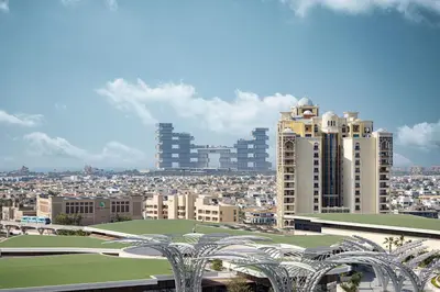 a view of a city with buildings and water fountains at Seven Palm Apartment with Private Beach Access and Infinity Pool in Dubai