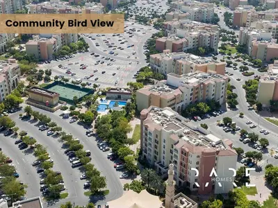 an aerial view of a city with buildings and cars at Rare Holiday Homes - Mediterranean Cluster - Near Ibn Battuta Mall - Discovery Garden - Building# Med 38 - RG04 in Dubai