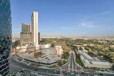 an aerial view of a city with buildings and traffic at GuestReady - Upscale living near Downtown Dubai in Dubai