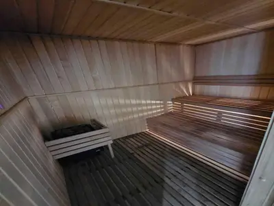 an overhead view of a sauna with two beds at Luxury Studio in JVC in Dubai