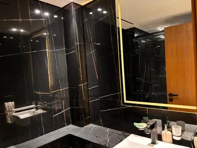 a bathroom with a black tiled shower and a sink at Disalvo Smart and Luxury Studio in Dubai