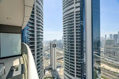 a view of two tall buildings in a city at GuestReady - Stylish home in Business Bay in Dubai