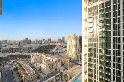 an aerial view of a city with tall buildings at FIRST CLASS Studio Touch of Luxury & Comfort in Dubai