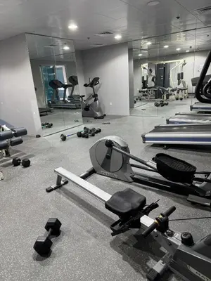 a gym with lots of exercise equipment and mirrors at Supper holly days home in Dubai