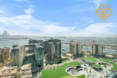 an aerial view of a city with the olympic rings at Keysplease Upgraded Interiors Luxury Palm Tower 1 BR in Dubai