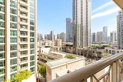 a view of the city from the balcony of a building at Silkhaus Elite 1BDR at 29 Boulevard Downtown in Dubai