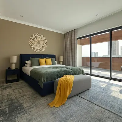 a bedroom with a large bed with yellow pillows at Massive LuxXo Family & Friends Villa with Terraces, Private Parking, Pool & Quick Access to Dubai Mall in Dubai