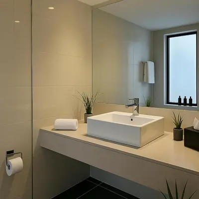 a bathroom with a white sink and a mirror at Massive LuxXo Family & Friends Villa with Terraces, Private Parking, Pool & Quick Access to Dubai Mall in Dubai
