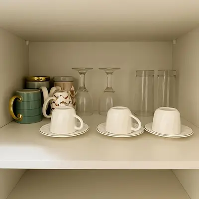 a shelf with cups and plates and glass vases at Comfy Studio in JVC Great Location Fast Wi-Fi in Dubai
