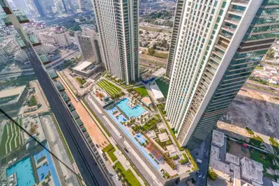 an aerial view of a city with tall skyscrapers at Vogue Downtown Views II with Direct Access to Dubai Mall Via a Climate Controlled Bridge, Two Bedroom Apartment with Balcony and Burj Khalifa View in Dubai