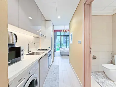 a kitchen with a sink and a toilet at Prime Studio Apt at Azizi Riviera 45, Meydan in Dubai