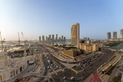 an aerial view of a city with a lot of traffic at Daniels 2BR at Princess Tower with Sea View in Dubai