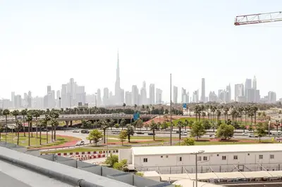 a view of a city skyline with buildings at Studio Free Parking Pet Friendly Near Downtown Dubai in Dubai