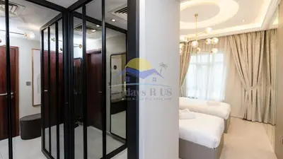 a rendering of a room with a bed and a window at Holidays R Us villa 4 bedroom boulevard view in Dubai