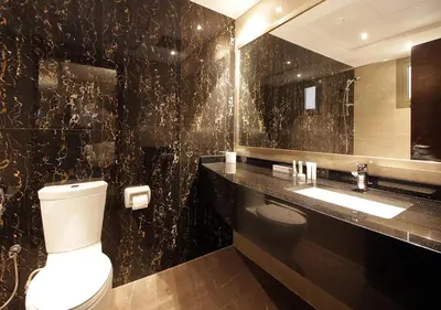 a bathroom with a toilet and a sink and a mirror at Elegant 2BR with City Views Downtown Dubai Living in Dubai
