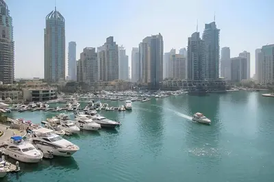 a group of boats in a harbor in a city at Frank Porter - Cayan Tower in Dubai