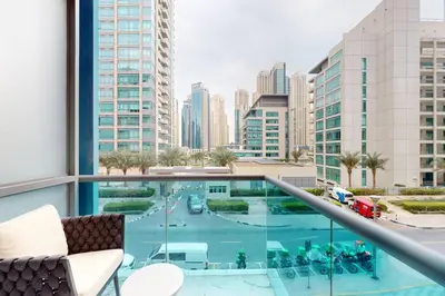 a balcony with a view of the city at Azure Residence - Magnificent Three Bed in Marina in Dubai