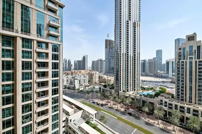 an aerial view of a city with tall buildings at Silkhaus near Burj Khalifa in 1BDR in 29 BLVD in Dubai