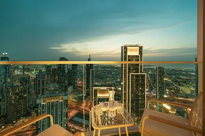 a view of a city skyline from the top of a building at Great View from 63th Floor! Amazing Pool with Burj View! Grande Signature! in Dubai