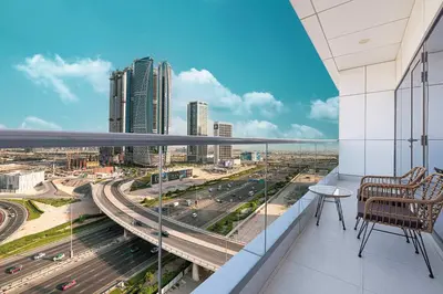 a balcony with a view of a city at Urban 1BR City view in The Bay Business Bay in Dubai
