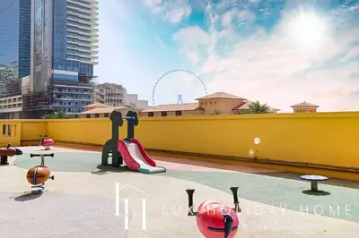 a view of a city skyline with a playground at LUX The Murjan Sea View Suite 2 in Dubai