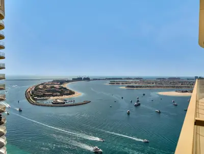 a view of a harbor with boats in the water at Utra Lux Large 1 BR with Sunset Views and Private Beach in Dubai