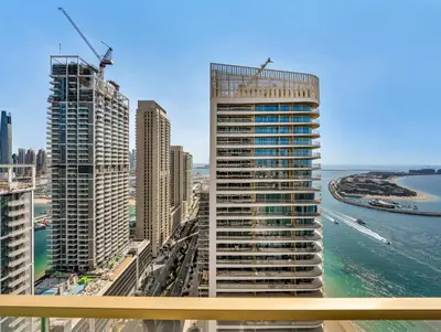 a view of a city with tall buildings at Utra Lux Large 1 BR with Sunset Views and Private Beach in Dubai