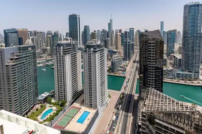 an aerial view of a city with tall buildings at Shams 1, Jumeirah Beach Residence - Mint Stay in Dubai