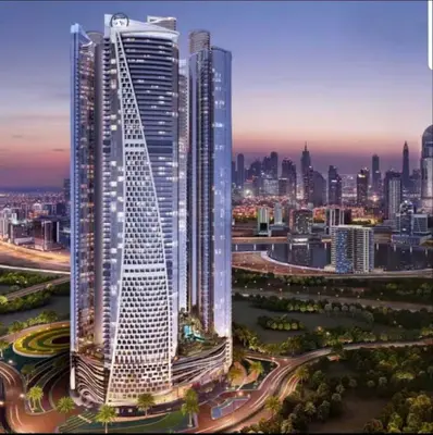 a rendering of a tall building in a city at Moderne 1BR apartment overlooking city in Dubai
