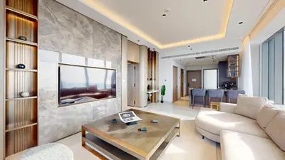 a living room with a couch and a table at Palm Tower - Luxurious One Bed with Palm View in Dubai