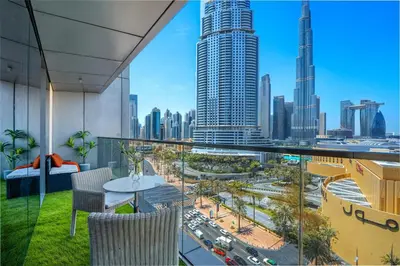 a balcony with a view of a city at Trendy 1BR Dubai Dream with full BurjViews Above Dubai Mall in Dubai