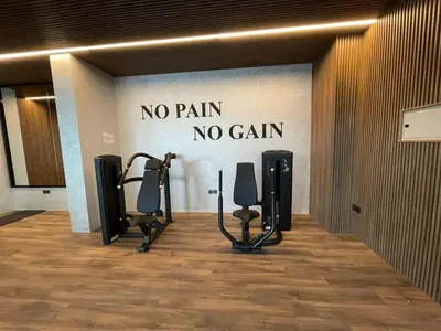 a gym with a no pain no gain sign on the wall at PANTHEON ELYSEE III Elite Apartment Spacious luxury stay with huge pool , modern gym and Complimentary welcome pack in Dubai