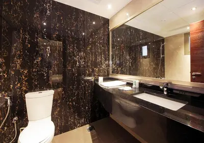 a bathroom with a toilet and a sink and a mirror at Luxury 2BR Apartment in Downtown Dubai Elite Stay in Dubai