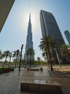 a view of the burj khalifa in dubai city at Luxury 1BR Downtown Dubai Skyline & Sea View in Dubai