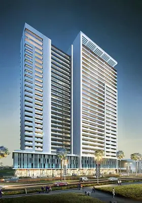 a large building with two tall skyscrapers at Burj Khalifa View - 4 min Dubai Mall - SwimingPool - Business Bay in Dubai