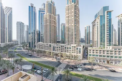 an aerial view of a city with tall buildings at Downtown Luxury Large Studio Near Burj Khalifa with City Views, - Claren Tower 1, Downtown Dubai by Deluxe Holiday Homes in Dubai