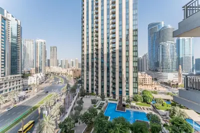 an aerial view of a city with tall buildings at Downtown Luxury Large Studio Near Burj Khalifa with City Views, - Claren Tower 1, Downtown Dubai by Deluxe Holiday Homes in Dubai