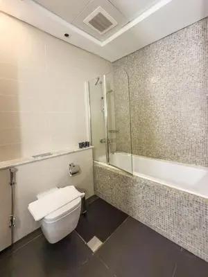 a bathroom with a toilet and a shower and a tub at Nasma Luxury stays - Executive stay in the Heart of Dubai Financial Hub in Dubai