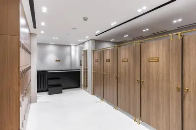 a row of lockers in a locker room at Waves - Luxe Studio with Jacuzzi & City Views in Dubai