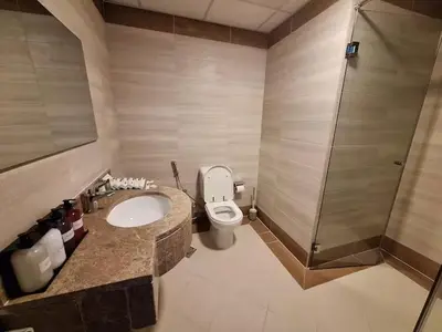 a bathroom with a toilet and a sink and a shower at Ayla Residence 1 in Dubai