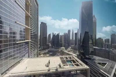 an aerial view of a city with tall buildings at King Bed & Modern Comfort Studio in DIFC Downtown in Dubai