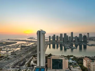 a view of a city skyline with a tall building at Sensational direct Sea, AIN View and Palm Jumeirah in Dubai Marina in Dubai