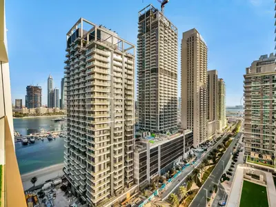 an aerial view of a city with tall buildings at Luxury Spacious 2 Bedroom Private Beach and Views in Dubai