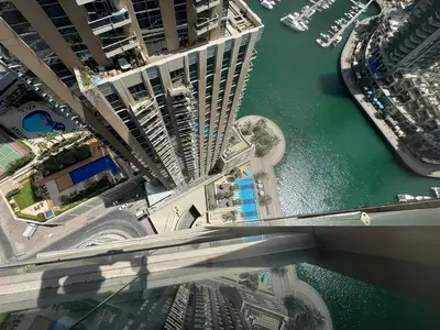 an overhead view of a city with a river and buildings at Dubai Marina No 9 in Dubai