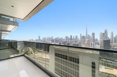 a view of a city skyline from a building at Luxury 1BR w Burj Khalifa View in Business Bay in Dubai