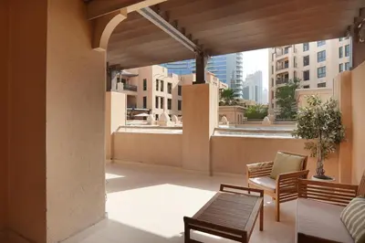 a balcony with a view of a city skyline at EasyGo- Spacious, Authentic, City Center in Dubai