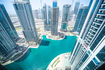 a view of the dubai city from a skyscraper at High Floor With Marina View in Dubai