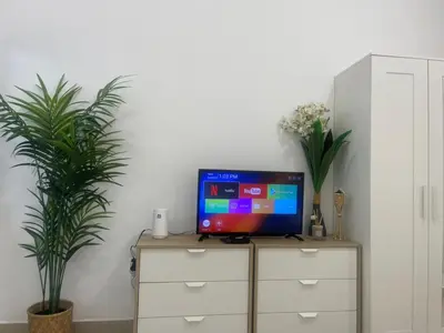 a tv on top of a dresser with two plants at Nice Studio On Marina Walk in Dubai