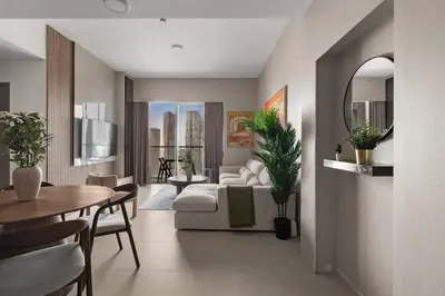 a living room with a couch and a table at Burj Khalifa View 2 BR Apartment w Parking in Dubai